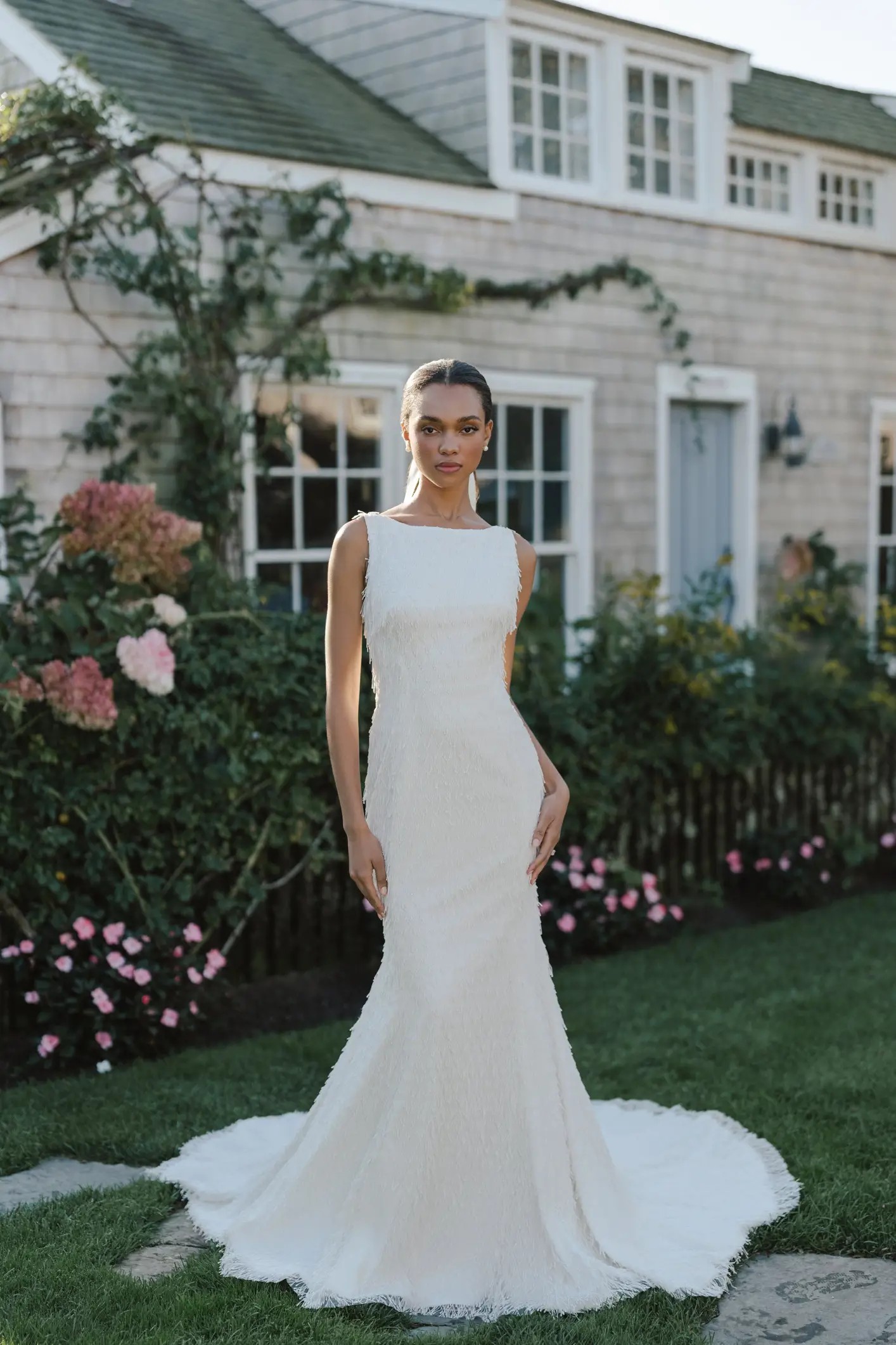 High neck fringe wedding dress in Columbus, Ohio by Anne Barge style Zena with matching bridal cape