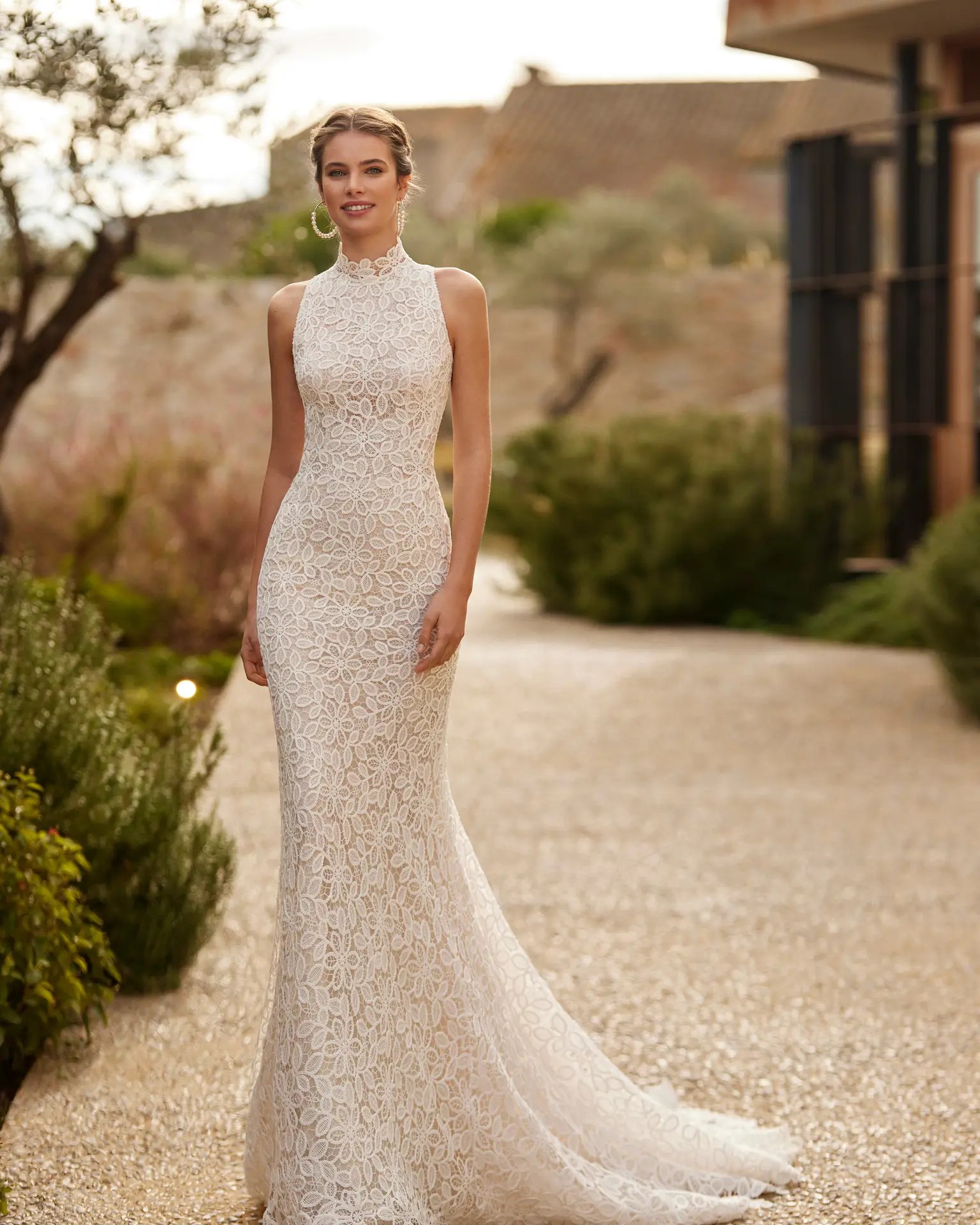 Dublin wedding dress by Rosa Clara with high neckline and embroidered lace fitted silhouette in Columbus, Ohio