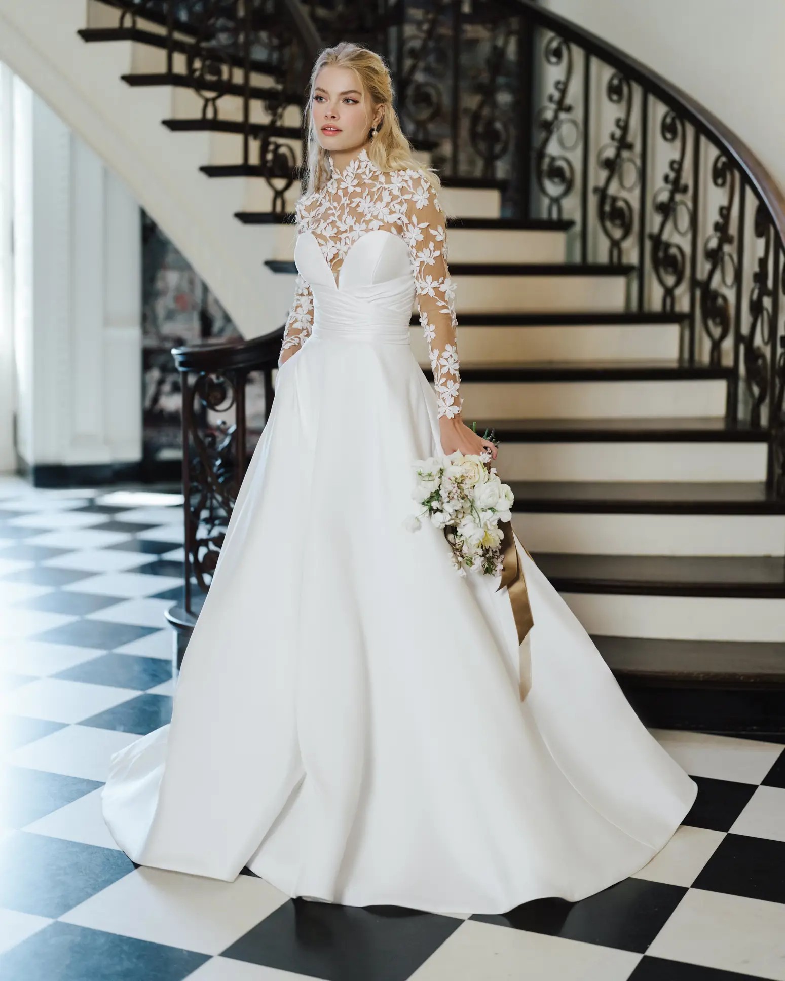 Callanwolde with High Meadows topper by Anne Barge in Columbus Ohio mikado ballgown with sweetheart neckline and long sleeve topper