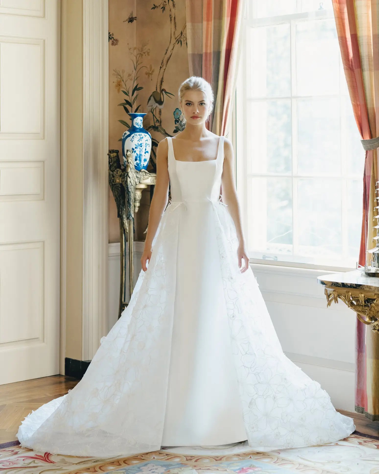 Callaway wedding dress by Anne Barge with floral overskirt and fitted square neckline mikado silhouette