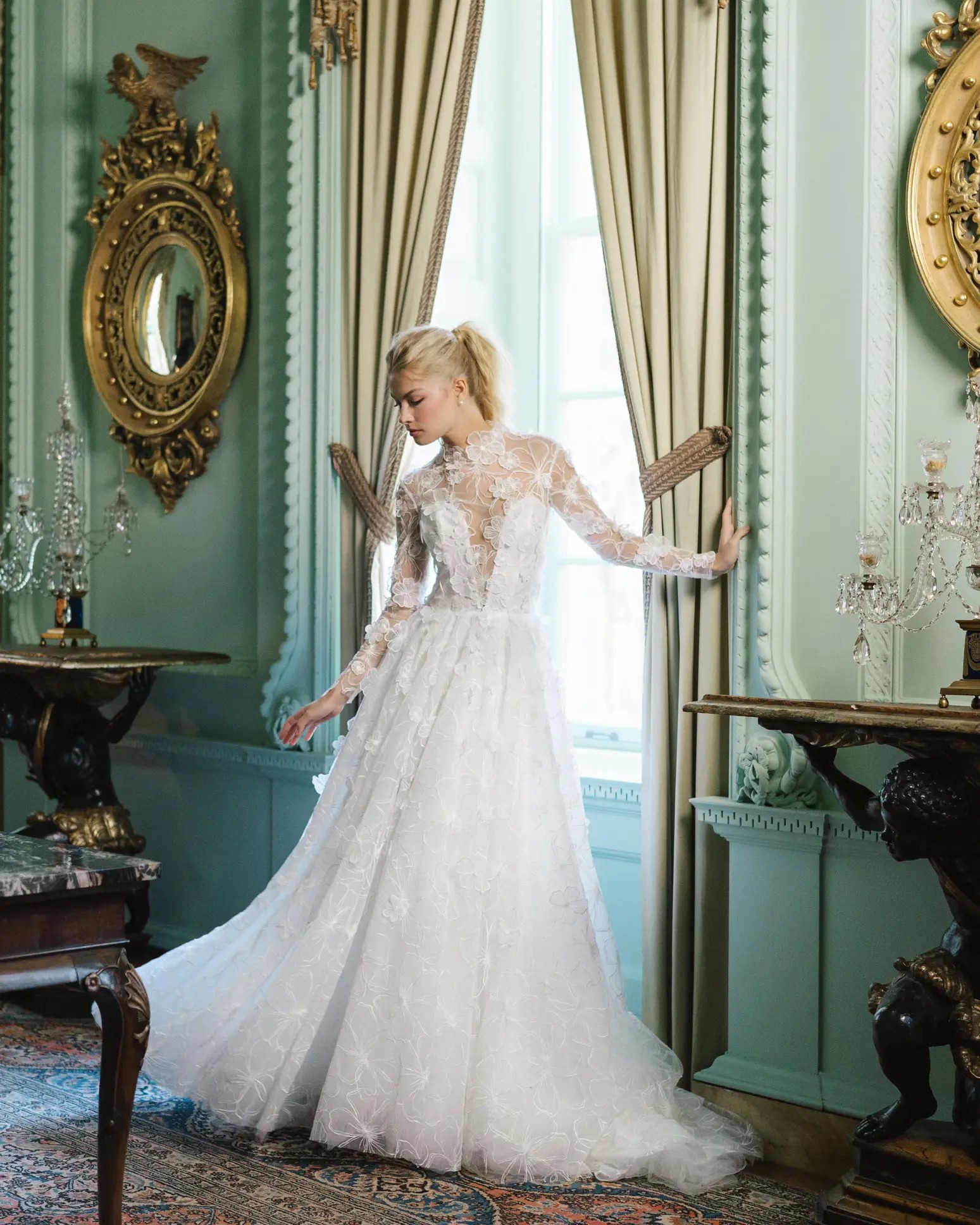 Gambrell wedding dress by Anne Barge Blue Willow with floral long sleeves and mock neckline with A line skirt and plunge neckline