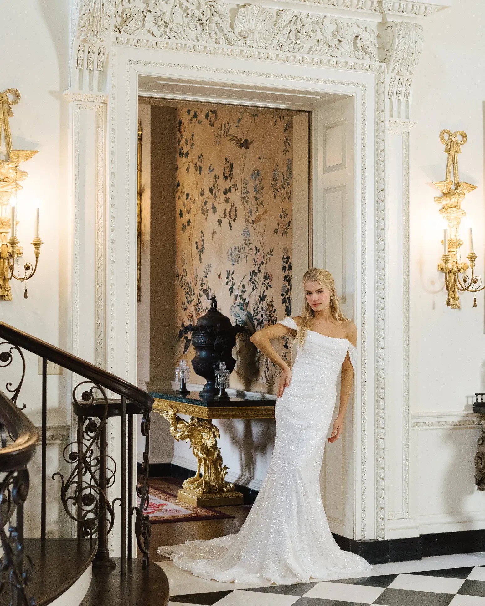 Rothschild wedding dress for Gatsby style bride with beaded draped bodice and off the shoulder straps in Columbus, Ohio by Anne Barge