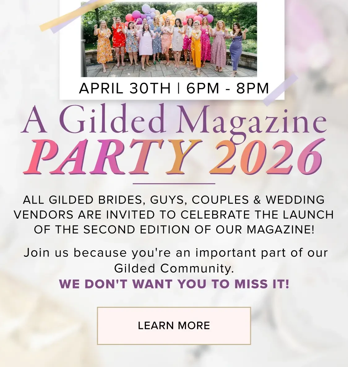 Gilded Magazine Party 2026 banner